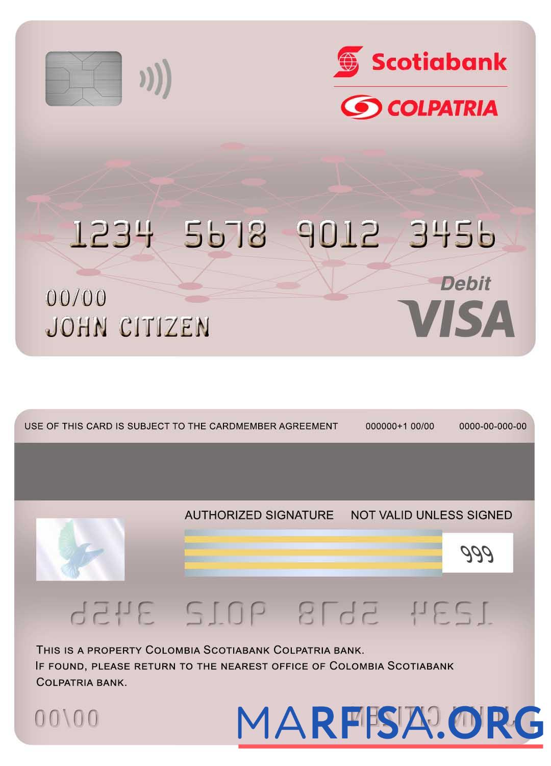 Blank Colombia Scotiabank Colpatria bank visa debit card template